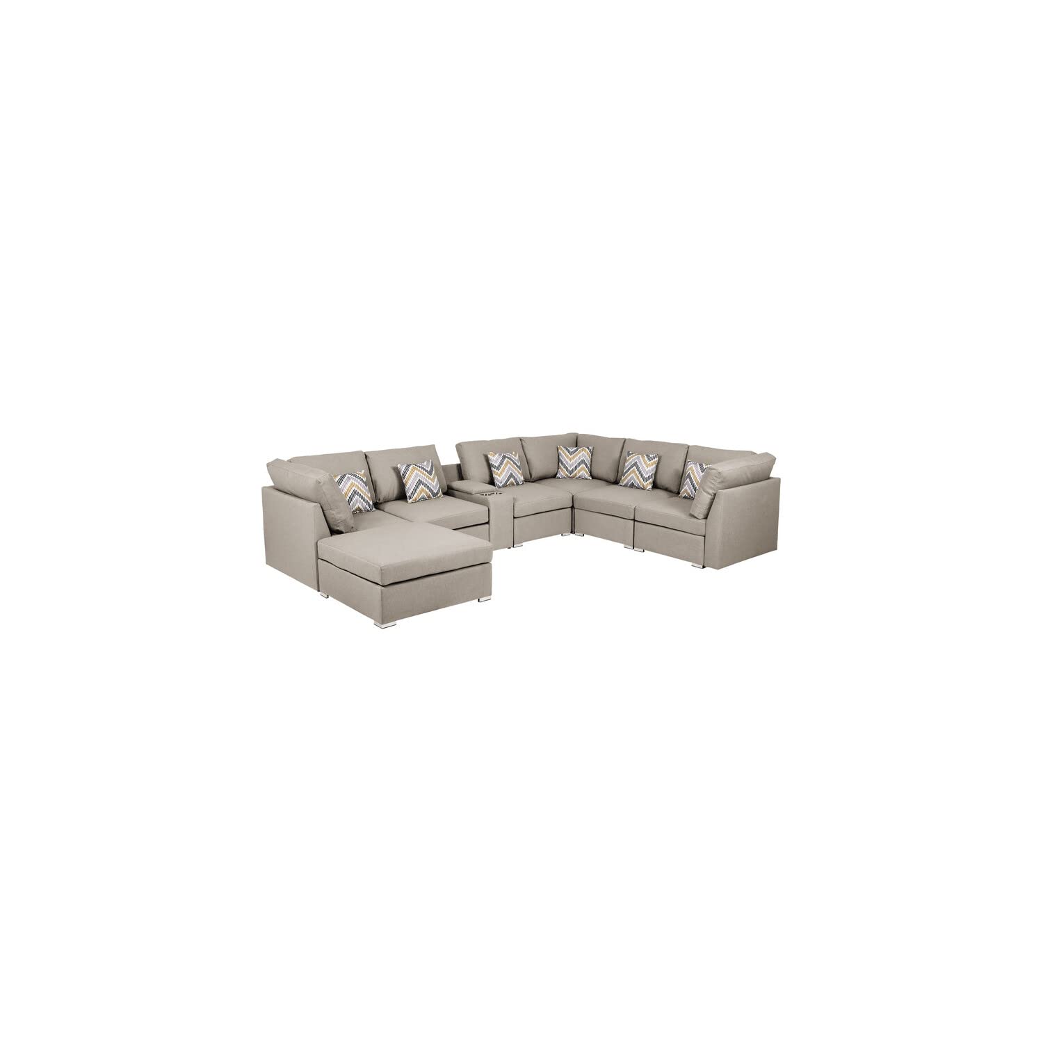 Lilola Home Lucy Beige Fabric Reversible Modular Sectional Sofa with USB Console and Ottoman