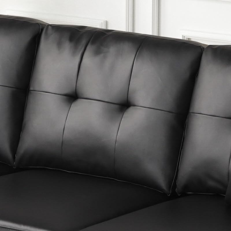 Sorenza 74' W Black PVC Reversible Sectional Sofa Chaise with LED Light, USB Port, Nailhead Trim, Throw Pillows, Tufted Cushion