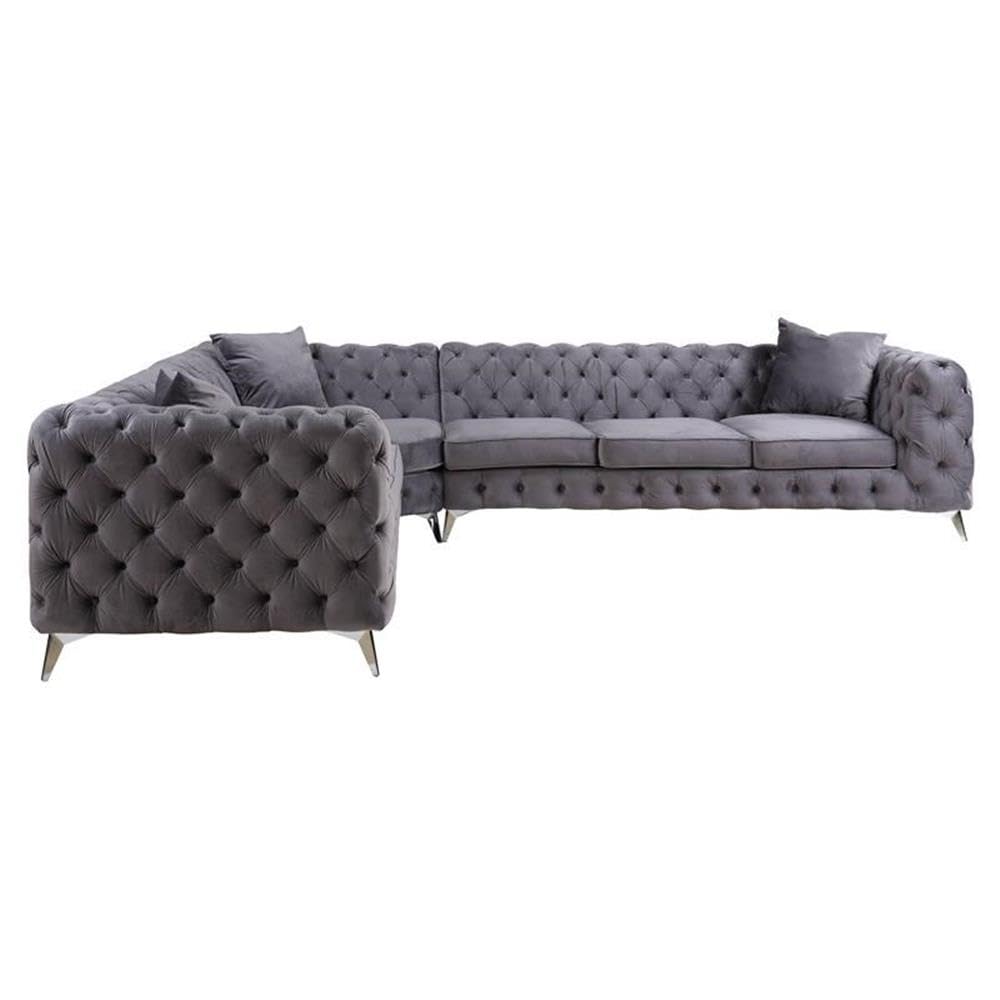 Acme Wugtyx Tufted Sectional Sofa with 3 Pillows in Dark Gray Velvet