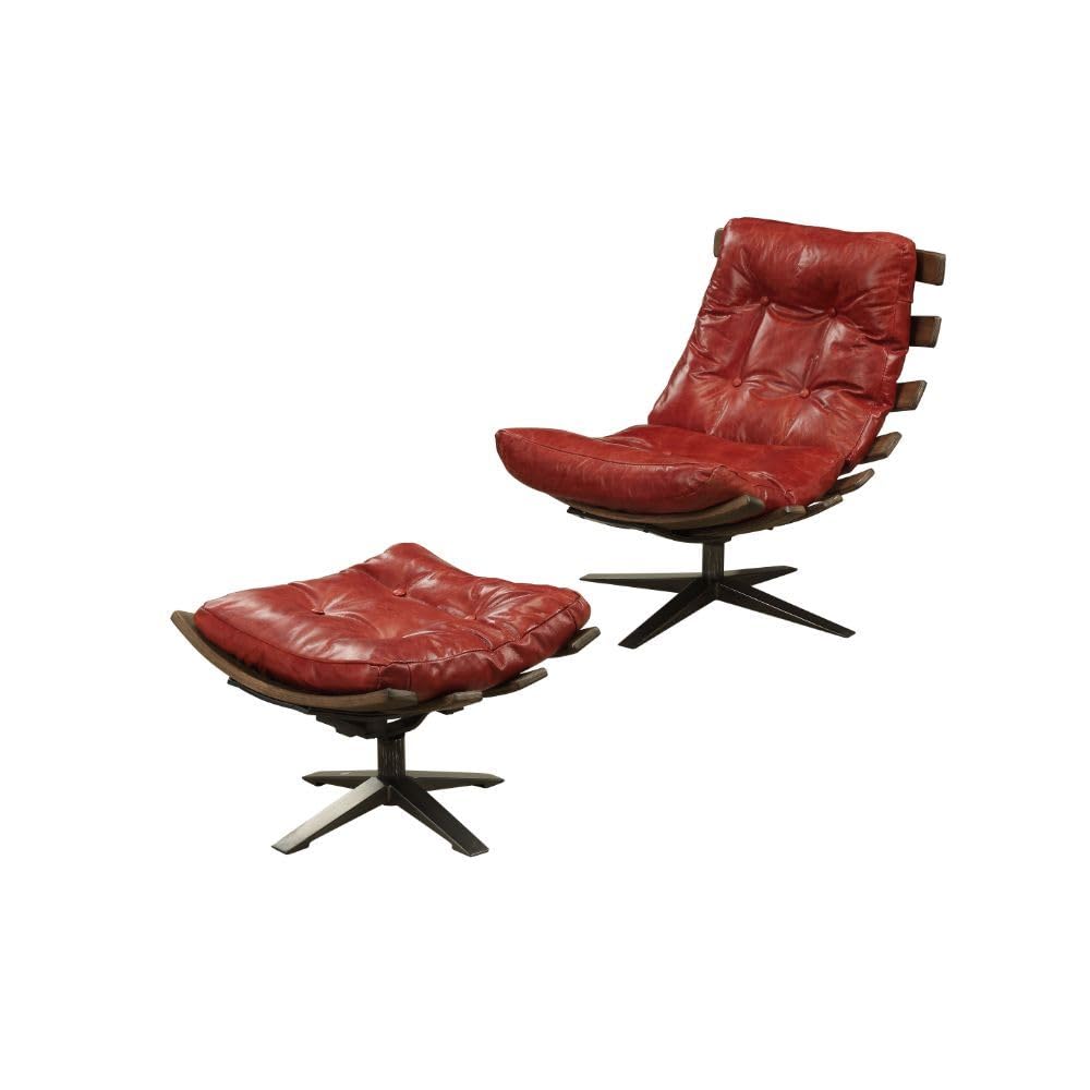 HomeRoots 486561 27 in. Red & Brown Top Grain Leather Tufted Swivel Lounge Chair with Ottoman