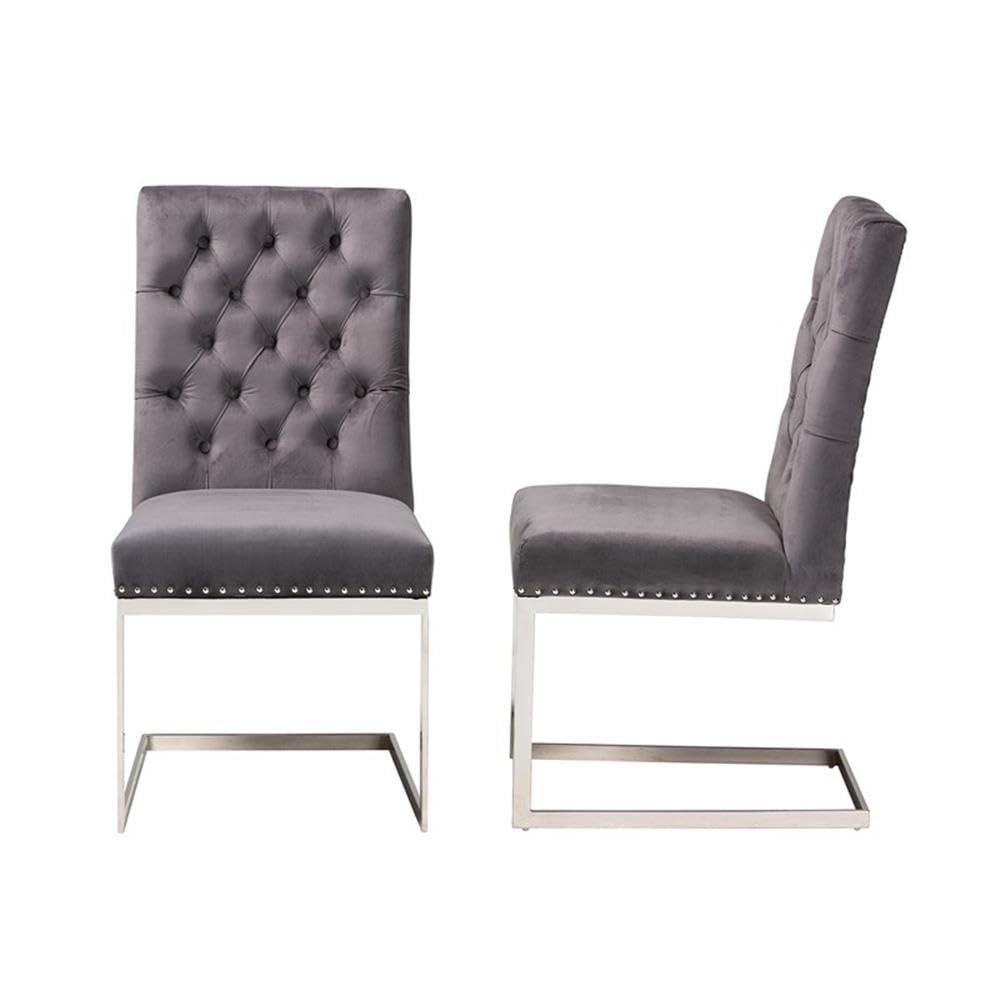 Baxton Studio Sherine Contemporary Glam and Luxe Grey Velvet Fabric and Silver Metal 2-Piece Dining Chair Set