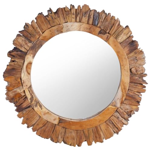 vidaXL Solid Teak Wood Framed Round Wall Mirror - 23.6&quot; Rustic Brown Hanging Decor for Living Room, Bedroom, Hallway