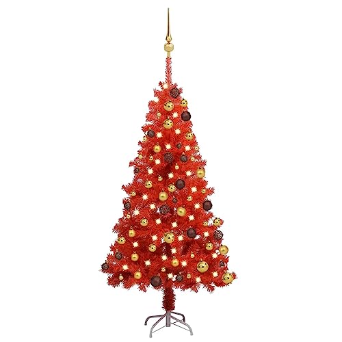 Vidaxl Artificial Christmas Tree With Leds&Ball Set Home Garden Outdoor Holiday Xmas Seasonal Tree Christmas Decoration Ornament Red 47.2&quot; Pvc