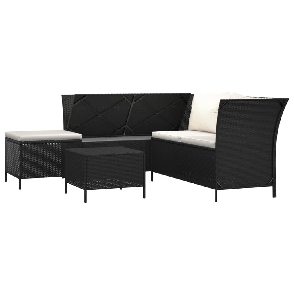 vidaXL Black Poly Rattan & Powder-Coated Steel Patio Lounge Set - 4 Piece Outdoor Furniture Set with Cushions and Storage