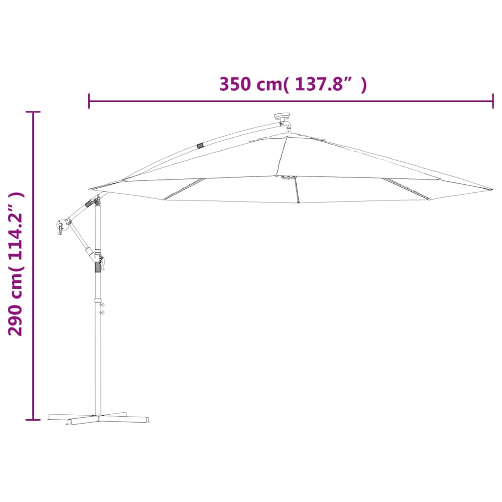 Vidaxl Led Cantilever Parasol With Metal Pole, Green - 137.8 Inch Diameter - Uv Protective And Anti-Fade Polyester Fabric, Includes Solar Panel, Air Vent & Crank Mechanism.