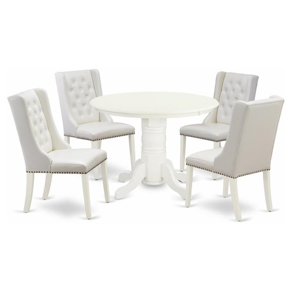 East West Furniture SHFO5-WHI-44 5 Piece Dinette Set for 4 Includes a Round Kitchen Table with Pedestal and 4 Light Grey Faux Leather Parson Dining Chairs, 42x42 Inch, Linen White