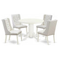 East West Furniture SHFO5-WHI-44 5 Piece Dinette Set for 4 Includes a Round Kitchen Table with Pedestal and 4 Light Grey Faux Le