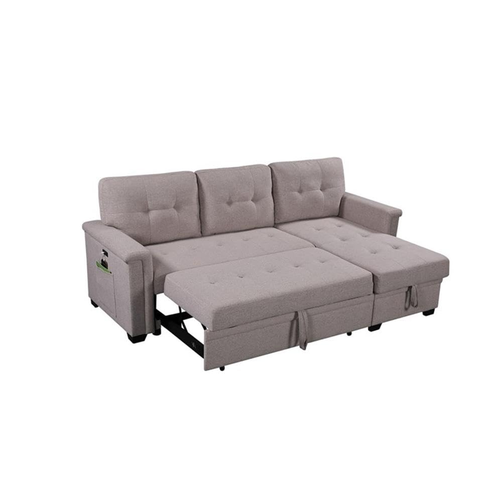 Lilola Home Nathan Light Gray Reversible Sleeper Sectional Sofa with Storage Chaise, USB Charging Ports and Pocket