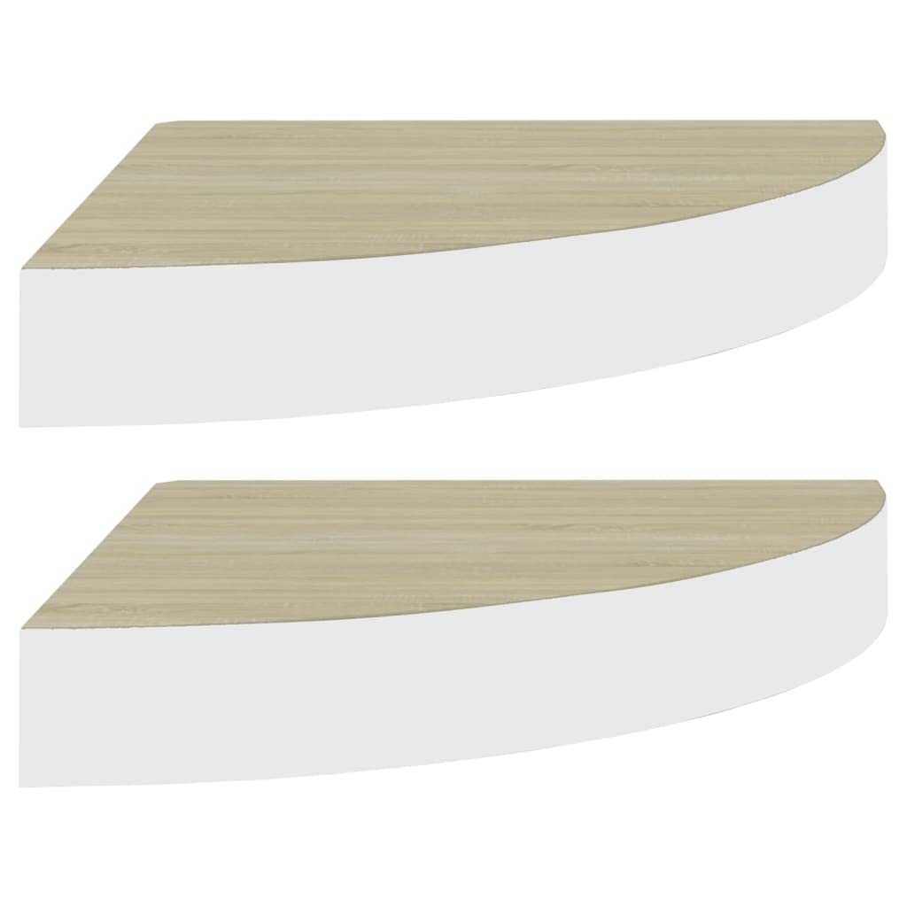 vidaXL Corner Wall Shelves - Oak & White, Honeycomb MDF/Metal, 2 pcs, 9.8&quot;x9.8&quot;x1.5&quot;, Invisible Mounting, Space Saving Design
