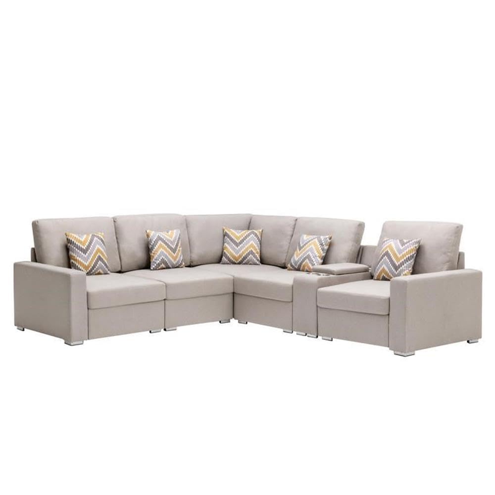 Lilola Home Nolan Beige Linen Fabric 6Pc Reversible Sectional Sofa with a USB, Charging Ports, Cupholders, Storage Console Table and Pillows and Interchangeable Legs