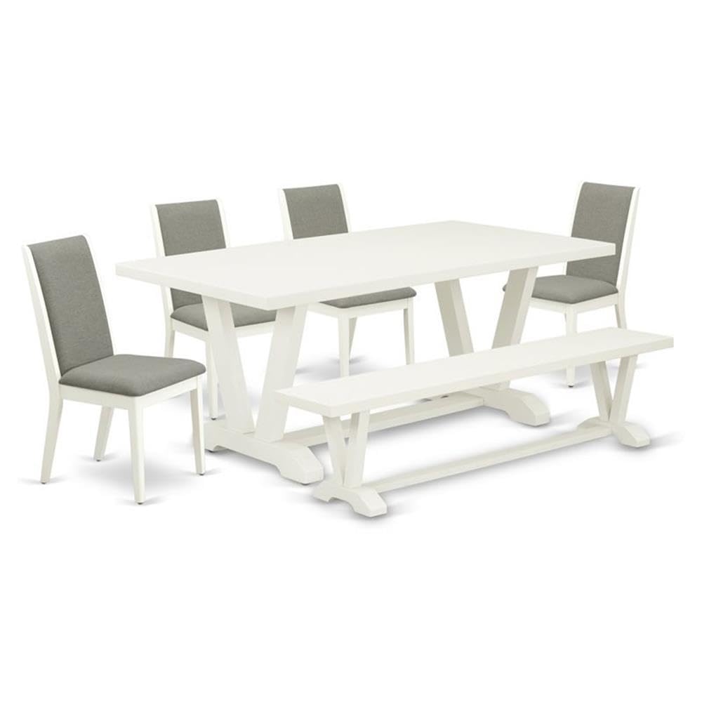 East West Furniture V-Style 6 Piece Set Contains A Rectangle Dining Room Table With V-Legs And 4 Shitake Linen Fabric Parson Chairs With A Bench, 40X72 Inch, V027La206-6