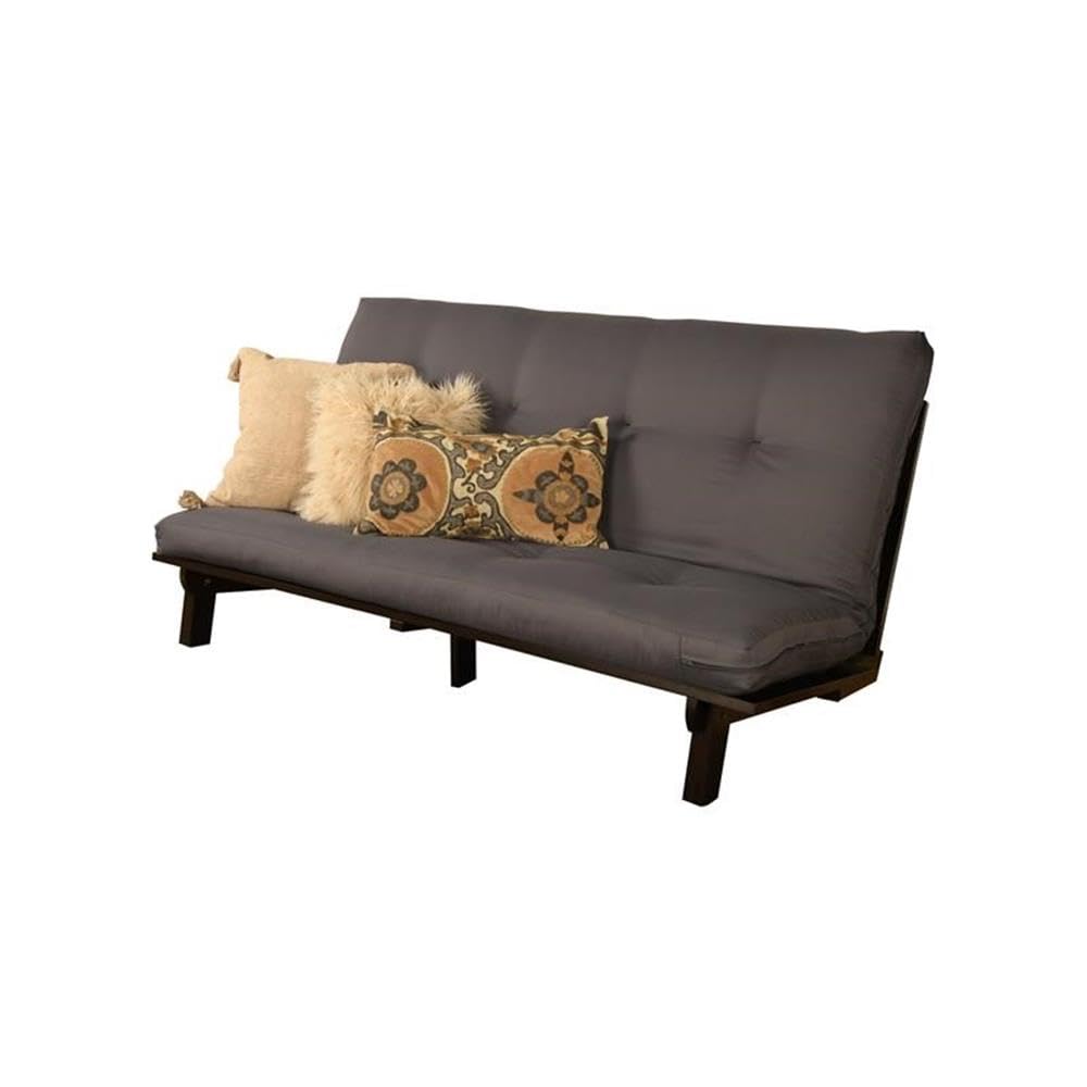 Kodiak Furniture Carson Full Size Futon Frame and Mattress Set - Java Brown Finish Wood Futon Frame with Mattress Included in Twill Gray Color
