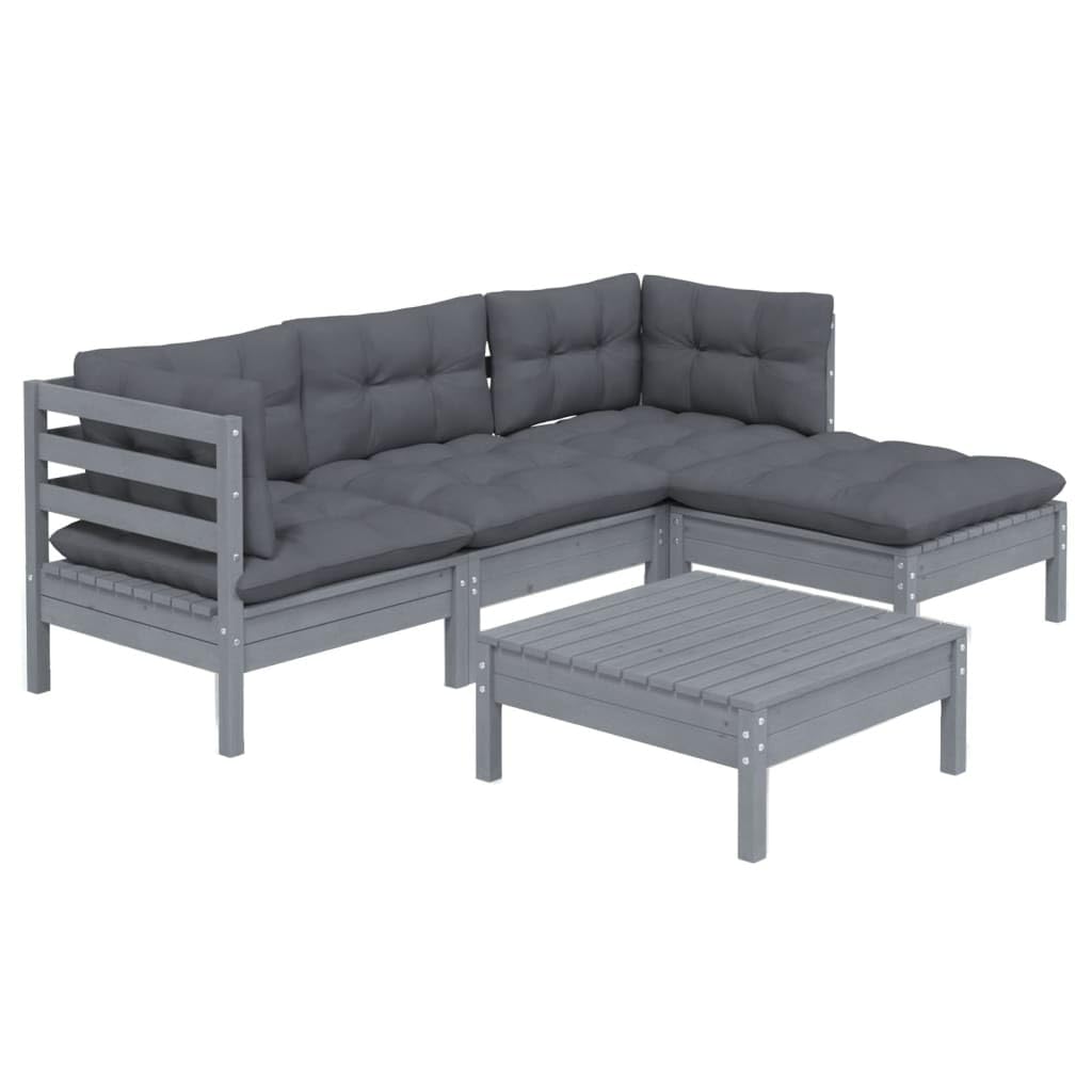 vidaXL Solid Pinewood Patio Lounge Set 5 Piece with Cushions Garden Outdoor Lawn Yard Terrace Balcony Wooden Seat Seating Furniture Gray