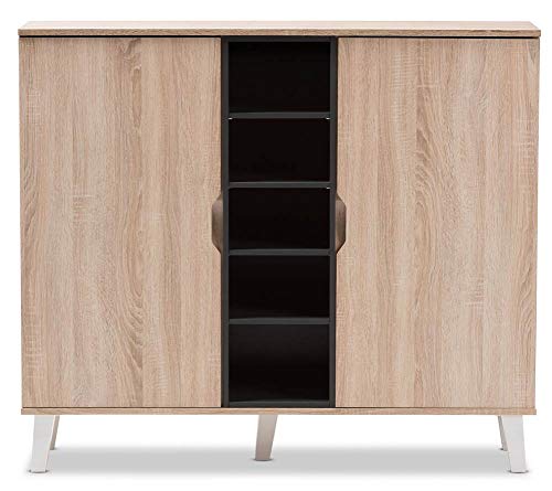 Baxton Studio Adelina Mid-Century Modern 2-Door Oak and Grey Wood Shoe Cabinet/Mid-Century/Light Brown/Gray/Particle Board/MDF with PU Paper