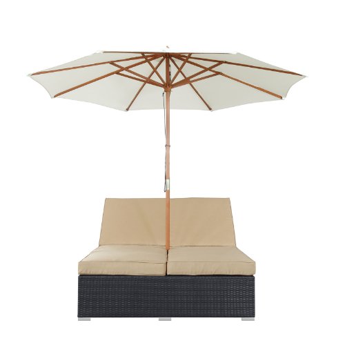 Modway Arrival Wicker Rattan Outdoor Patio Upholstered Double Chaise Lounge Chair in Espresso Mocha With Umbrella