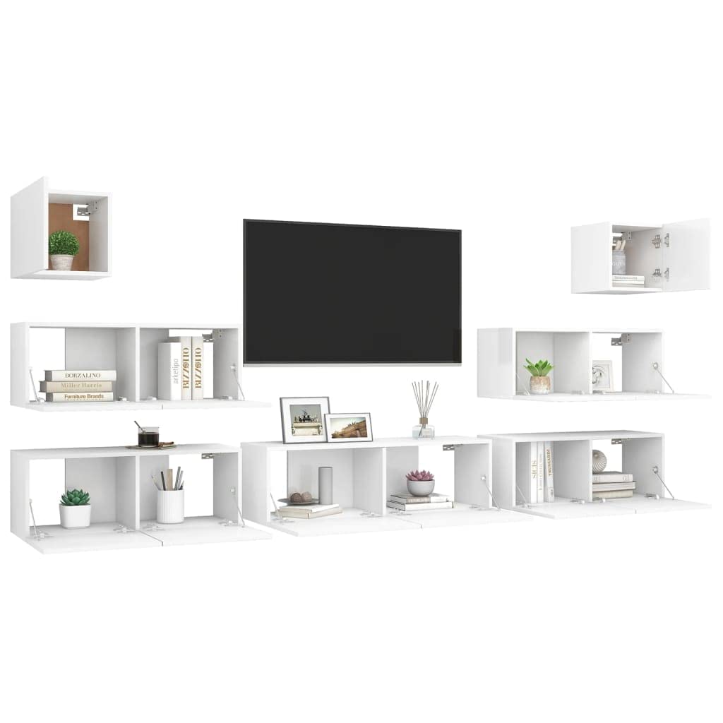 vidaXL TV Stand Set 7 Piece Home Living Room Bedroom Furniture HiFi Stereo Cabinet TV Stand Media Unit Entertainment Center Engineered Wood White