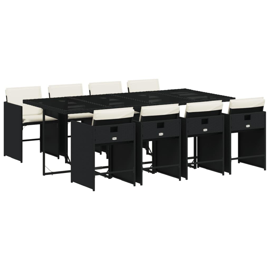 vidaXL Patio Dining Set with Cushions Furniture 9 Piece Black Poly Rattan, Foldable Chairs, Tempered Glass Tabletop, Outdoor Garden Backyard Deck Patio Furniture