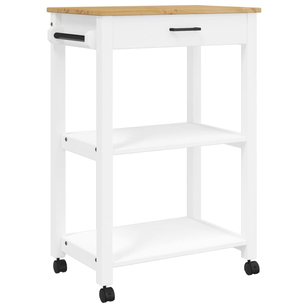 vidaXL Pine Wood Kitchen Trolley - White/Honey Wax Rolling Cart with Drawer, Shelves, and Wheels for Storage and Mobility