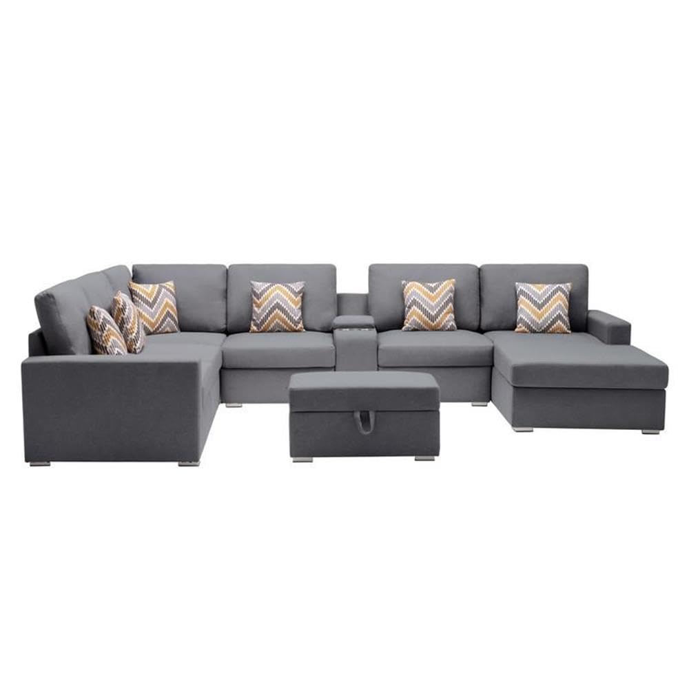 Lilola Home Nolan Gray Linen Fabric 8Pc Reversible Chaise Sectional Sofa with Interchangeable Legs, Pillows, Storage Ottoman, and a USB, Charging Ports, Cupholders, Storage Console Table