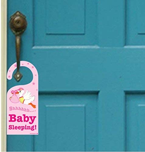 Cute News Baby Girl Sleeping Stork Door Hanger - Do Not Disturb Or Knock - Newborn Sign - Great Gift For Parents - Pink