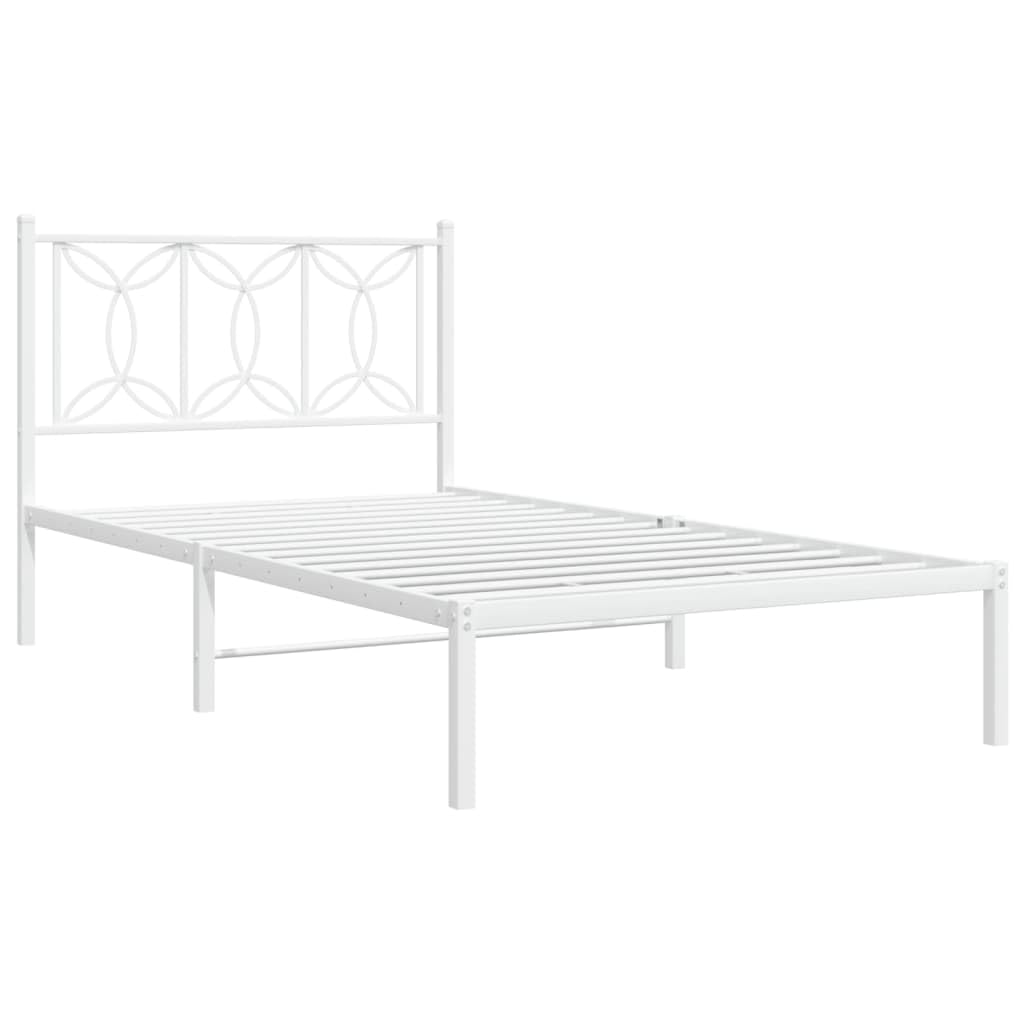 vidaXL White Metal Bed Frame with Headboard – Single Bed Frame with Storage Space, Steel Slats and Legs, 81.5 x 41.3 x 35.4