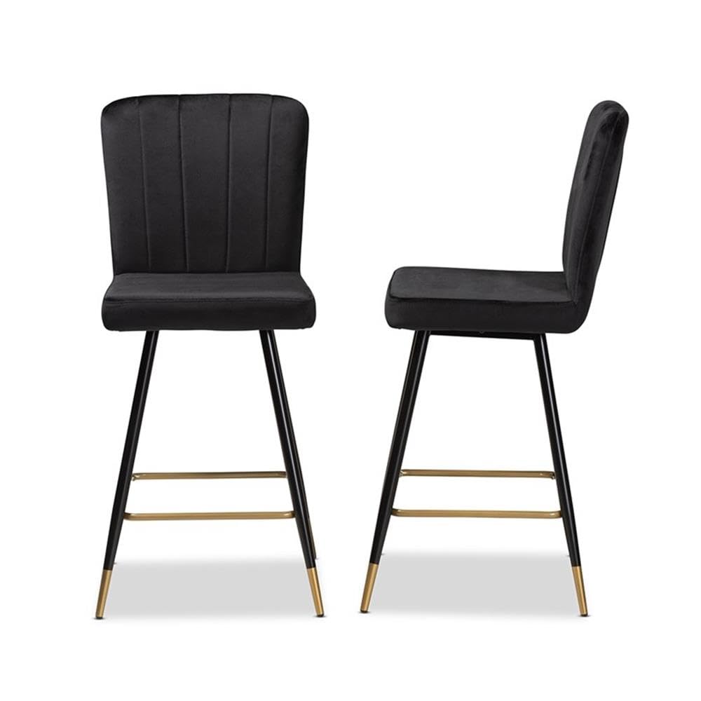 Baxton Studio Preston Modern Luxe and Glam Black Velvet Fabric Upholstered and Two-Tone Black and Gold Finished Metal 2-Piece Bar Stool Set