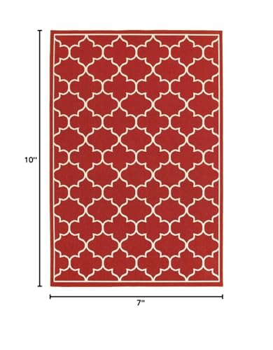 HomeRoots Polypropylene 7’x10’ Red and Ivory Trellis Indoor Outdoor Area Rug