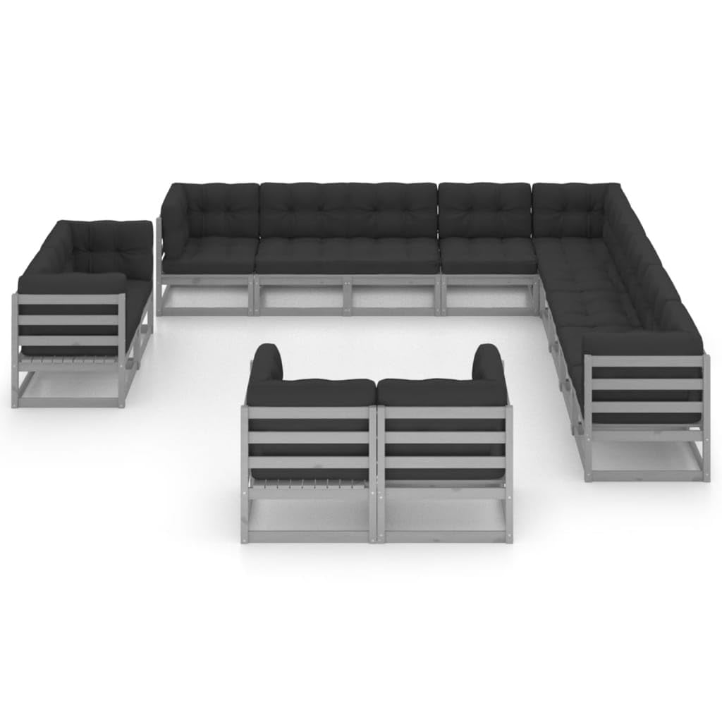 vidaXL Solid Pinewood Patio Lounge Set 13 Piece with Cushions Outdoor Garden Terrace Yard Furniture Wooden Lounge Sofa Set Seat Seating Gray