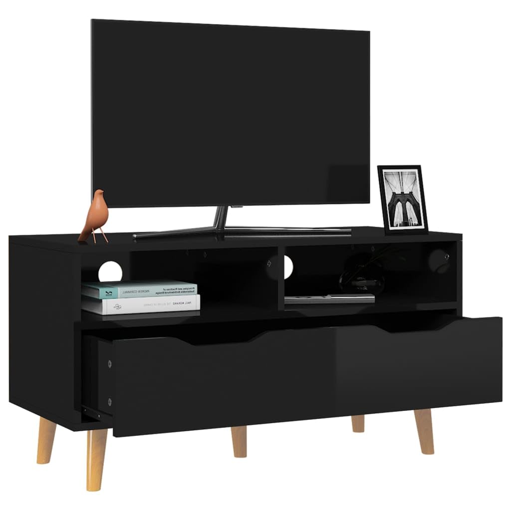 vidaXL Scandinavian Style TV Cabinet - Engineered Wood High Gloss Black - Ample Storage Space - Damp Cloth Cleanable - Safety Compliant