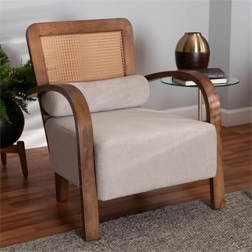 Baxton Studio Sage Modern Japandi Light Grey Fabric And Walnut Brown Finished Wood Arm Chair With Woven Rattan