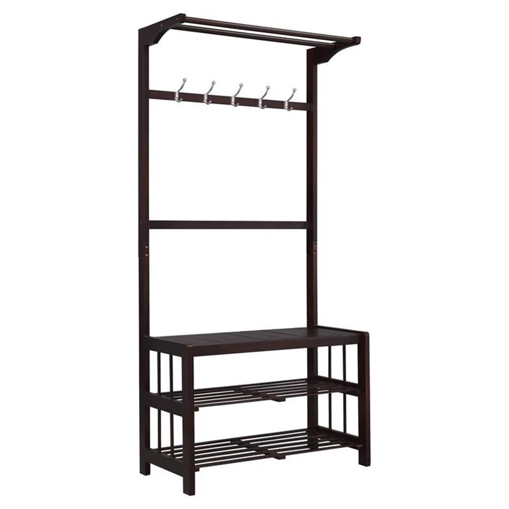 Acme Pieria Wooden Hall Tree with 5 Hooks and 2 Cloth Rods in Espresso