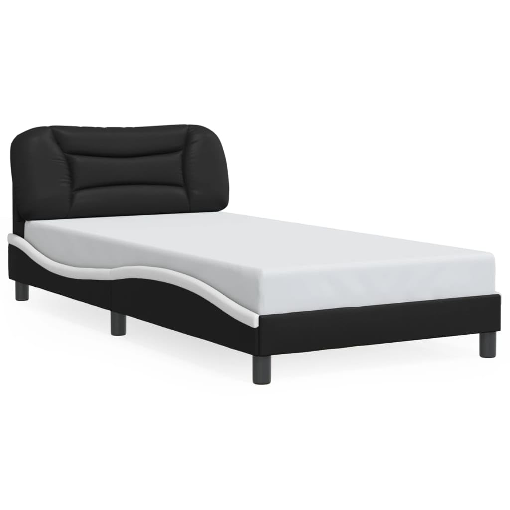 vidaXL Twin XL Bed Frame with Headboard - Black/White Faux Leather, Plywood Slats, Elegant Waved Design, Supports 39.4x79.9 Mattress