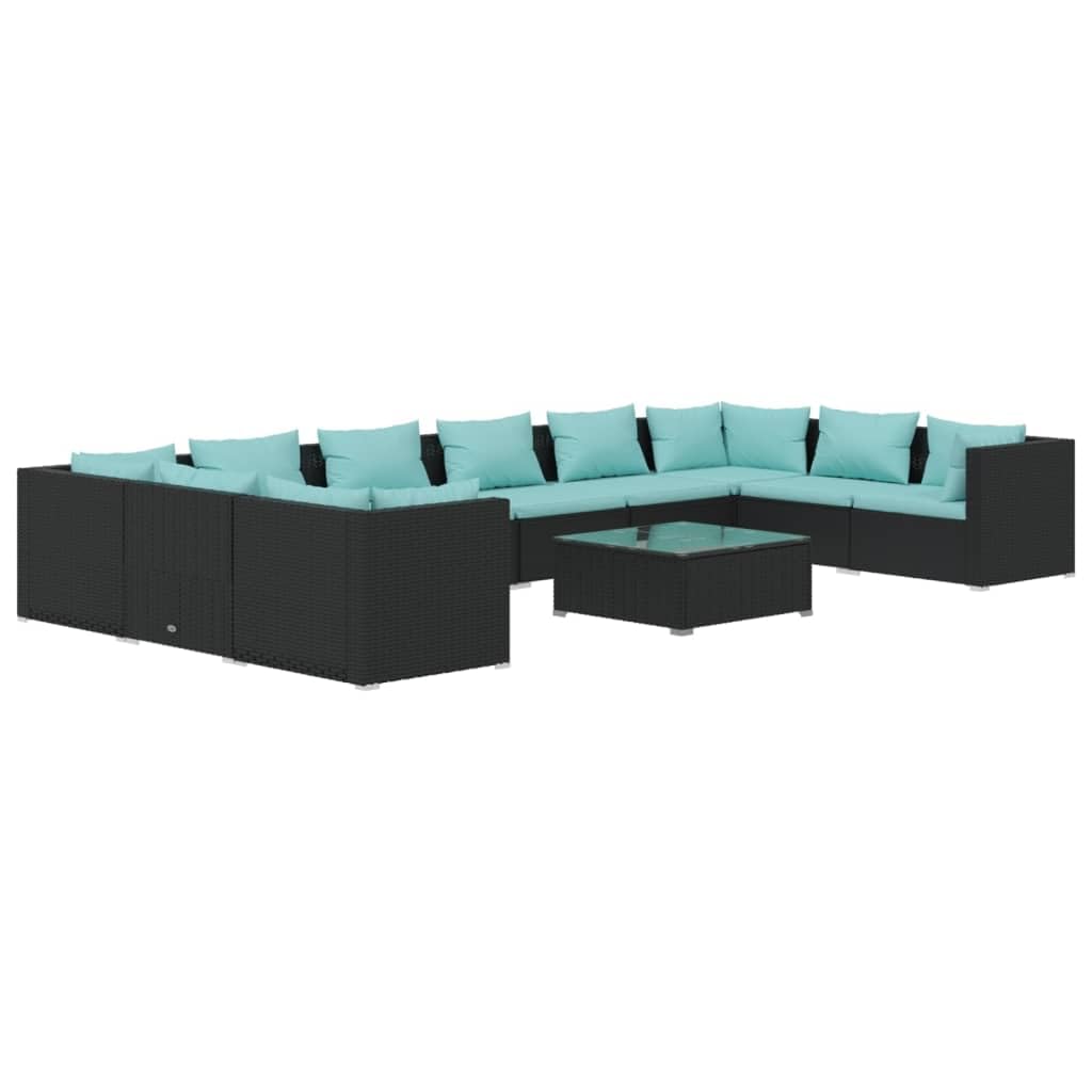 vidaXL 11 Piece Outdoor Patio Lounge Set - Poly Rattan Black with Refreshing Water-Blue Cushions and Glass-Topped Coffee Table