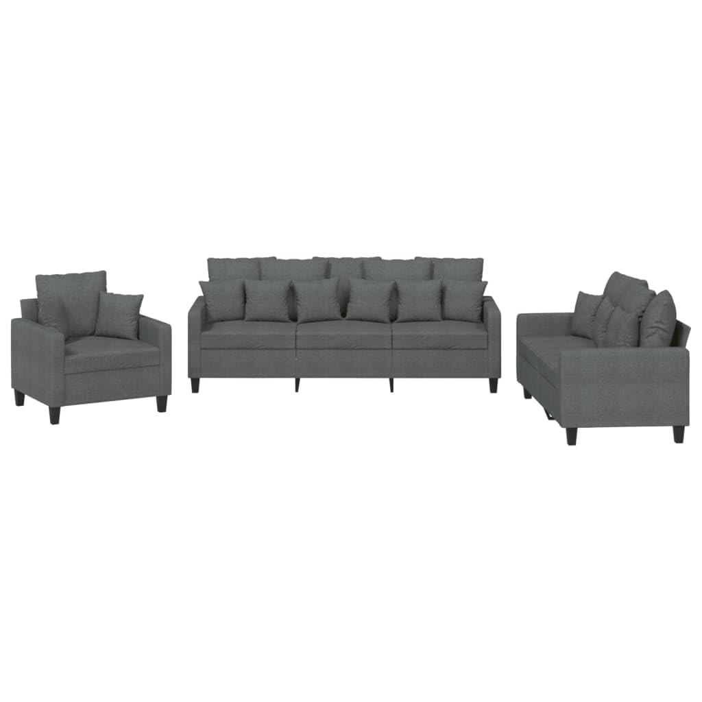 vidaXL 3-Piece Sofa Set with Pillows - Dark Gray Fabric, Plywood and Metal Frame, Comfortable Seating with Padded Seats & Backrest, Ideal for Living Room