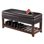 Ergode Colin Bench | Versatile & Stylish | Dark Faux Leather Cushion | 2 Corn Husk Baskets | Slated Shelf | Ample Comfort | Chocolate Brown | Sturdy Wood | (94143-VV)