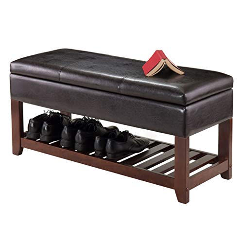 Ergode Colin Bench | Versatile & Stylish | Dark Faux Leather Cushion | 2 Corn Husk Baskets | Slated Shelf | Ample Comfort | Chocolate Brown | Sturdy Wood | (94143-VV)