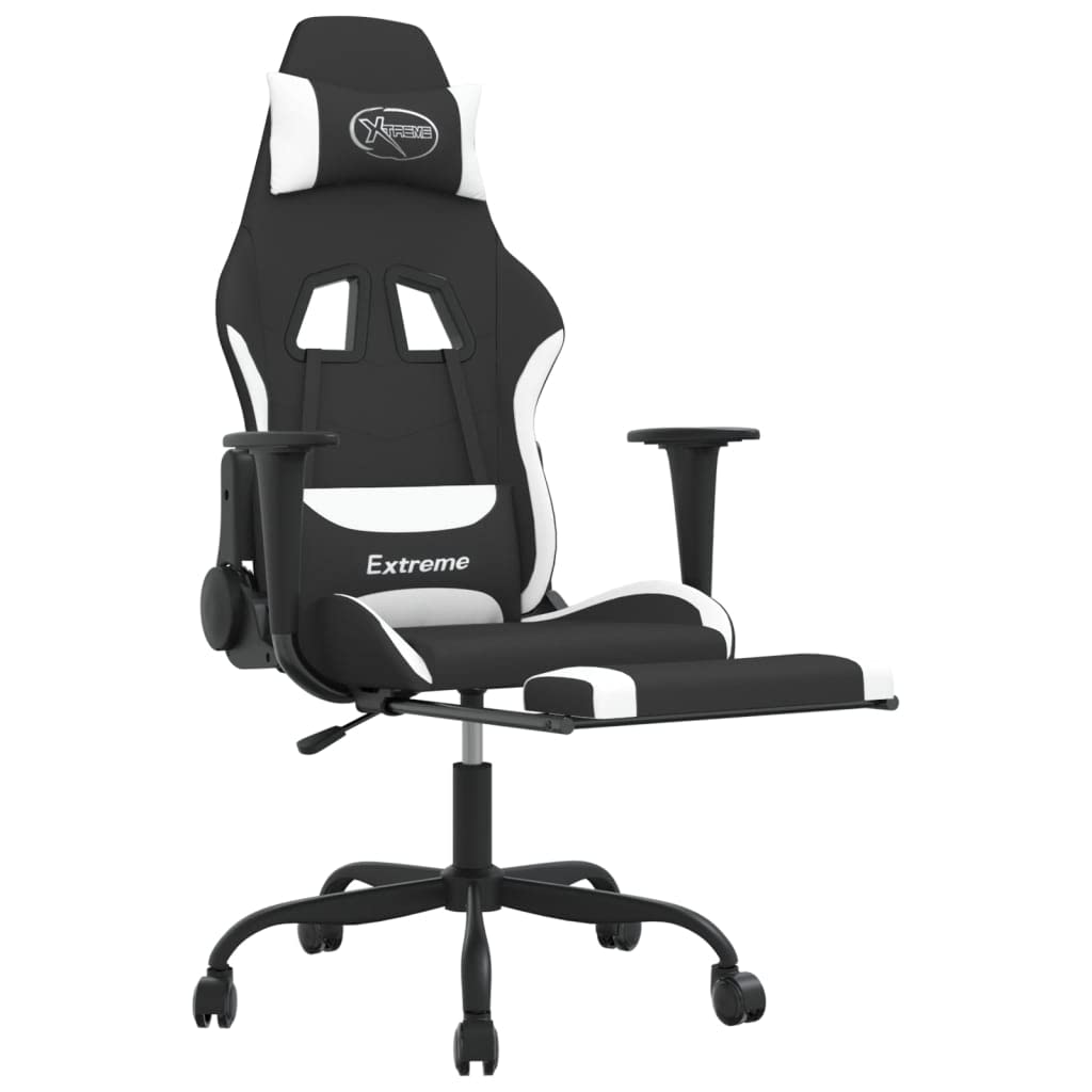 vidaXL Fabric Gaming Chair with Massage Function, Adjustable Backrest and Footrest, Black and White, Modern Style, Lightweight and Durable Material
