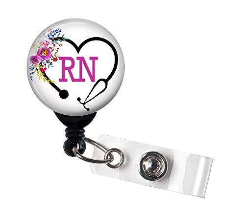 Rn Heart Steth Floral - Retractable Badge Reel With Swivel Clip And Extra-Long 34 Inch Cord - Badge Holder/Registered Nurse/Rn/N