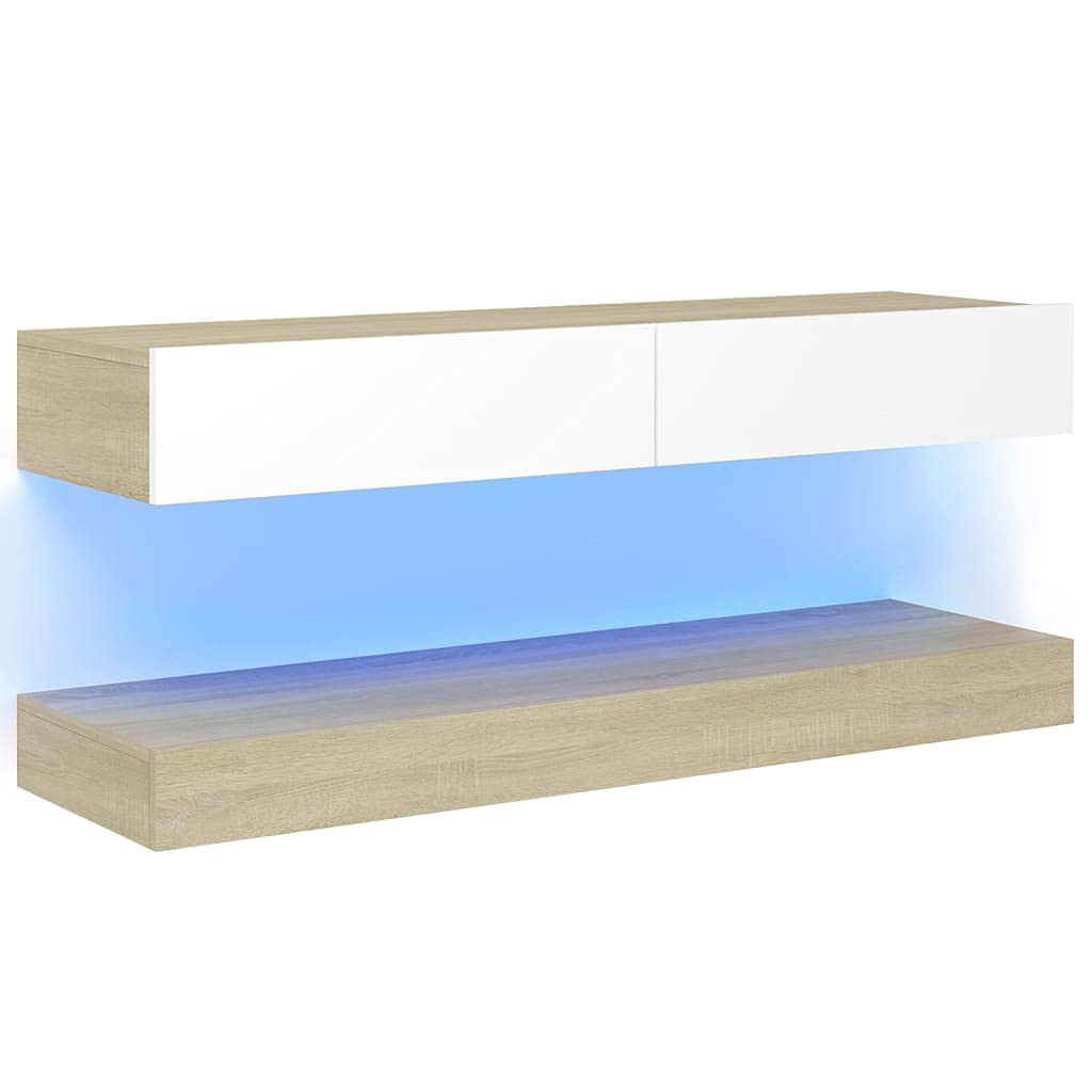 vidaXL Engineered Wood TV Stand and Cabinet, Modern Trendy Design, White and Sonoma Oak, 47.2&quot;x13.8&quot; with RGB LED Lights - Easy to Clean