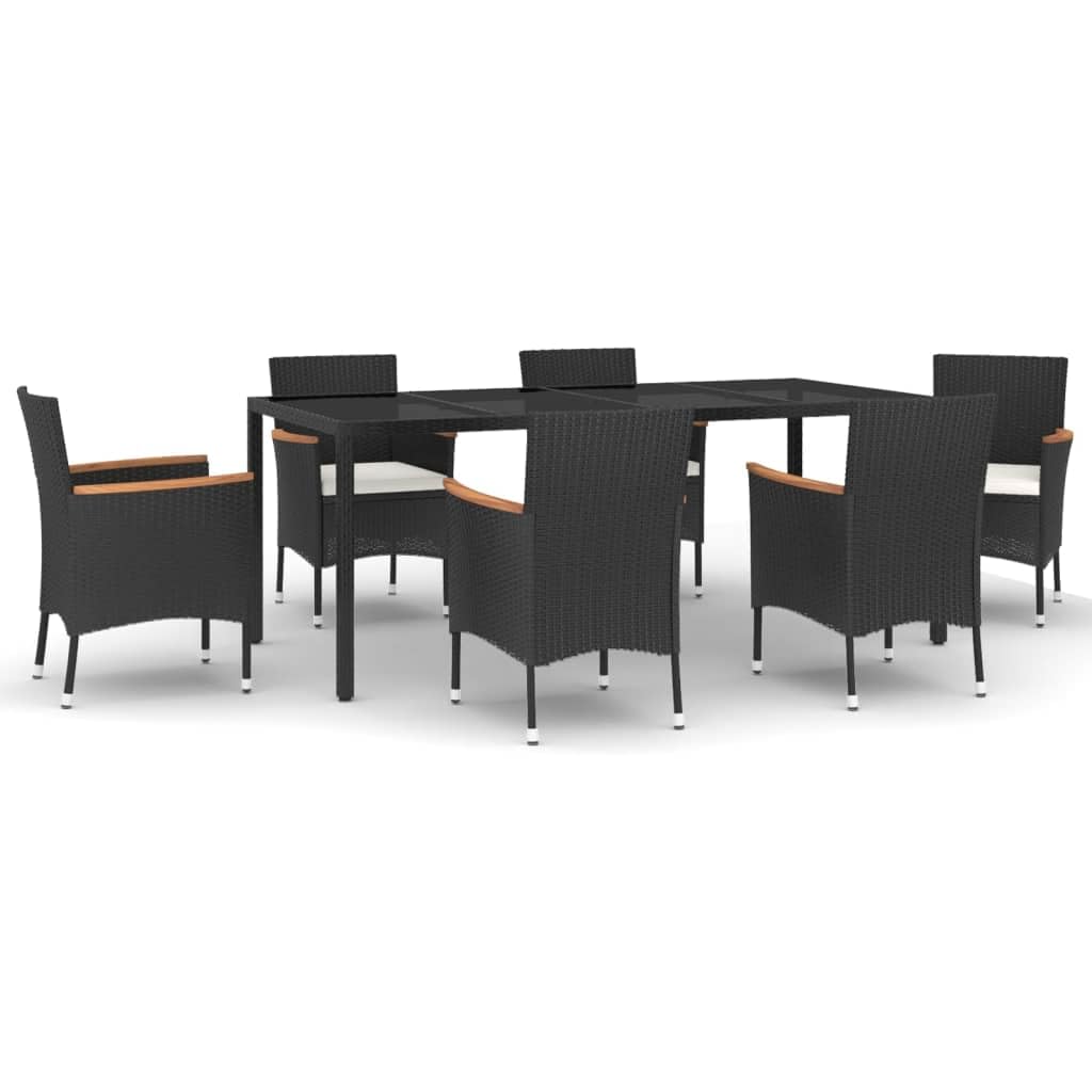 vidaXL 7-Piece Black Poly Rattan Patio Dining Set with Cream White Cushions – Featuring Solid Acacia Wood and Durable Tempered Glass Table, 3187376