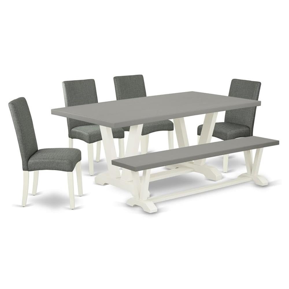 East West Furniture V-Style 6 Piece Set Contains A Rectangle Dining Room Table With V-Legs And 4 Gray Linen Fabric Parson Chairs With A Bench, 40X72 Inch, V097Dr207-6