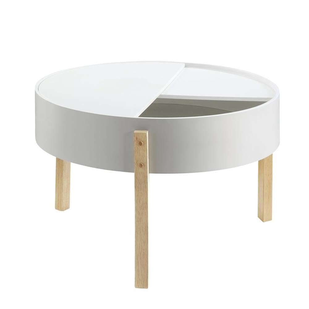 Acme Bodfish Round Wooden Coffee Table With Hidden Storage In White And Natural