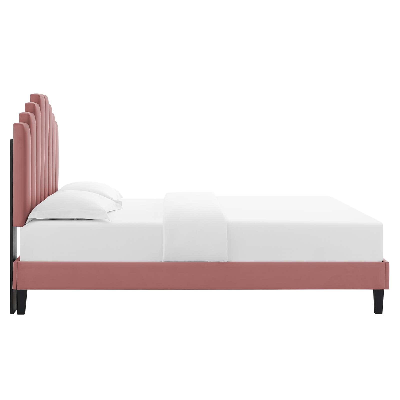 Modway Elise Channel Tufted Performance Velvet Full Platform Bed In White With Black Wood Legs, King, Dusty Rose