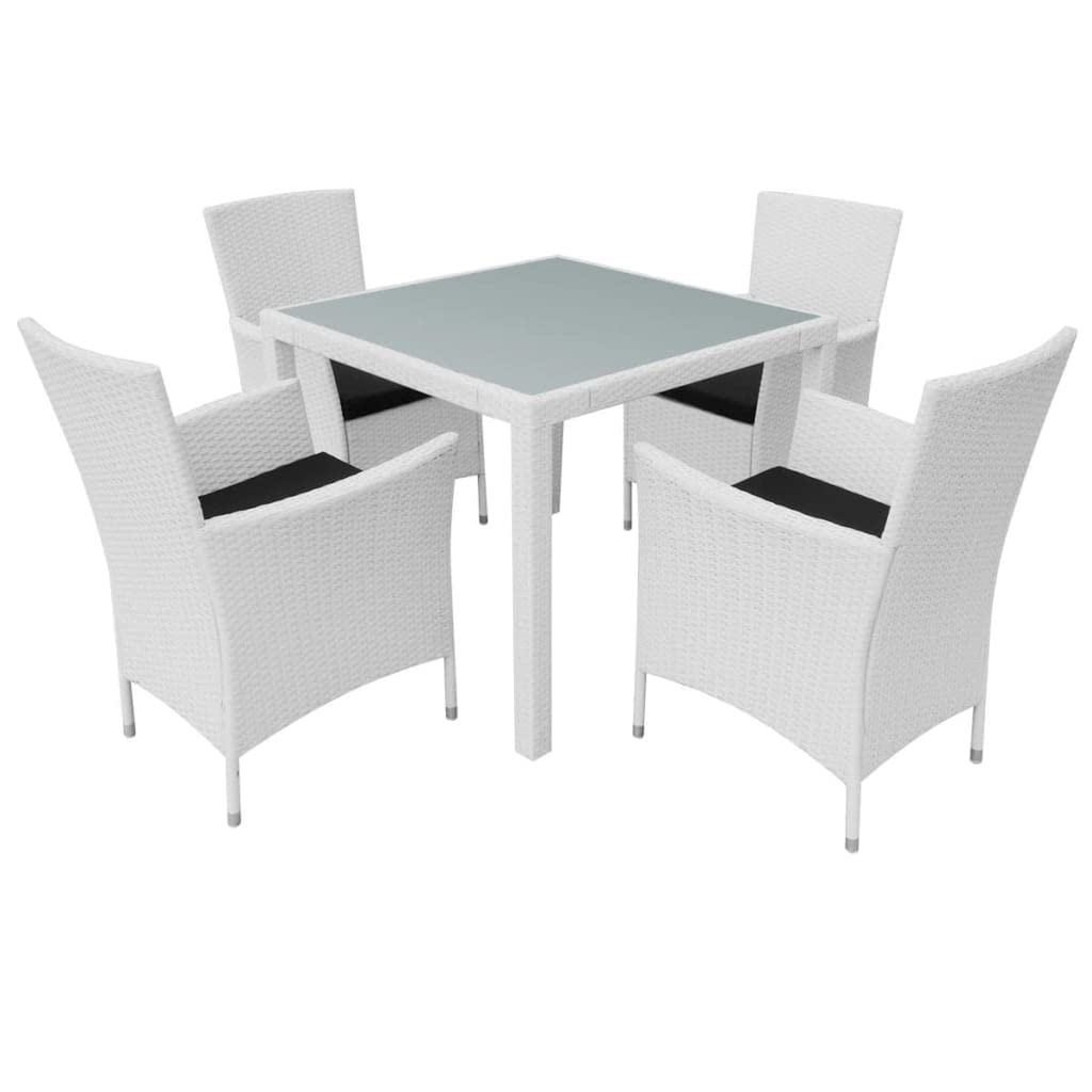 vidaXL Patio Dining Set - 5 Piece - Poly Rattan - Cream White - Includes Table with Tempered Glass Top and 4 Chairs with Removable Black Cushions for Garden, Patio, and Outdoor Use