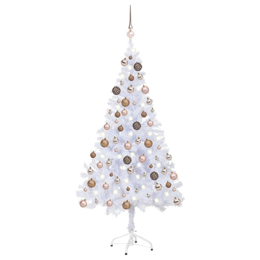 Vidaxl Artificial White Christmas Tree Pre-Lit With Led Lights With Rose Gold Decoration Set, Pvc, 59.1&quot; Height, Reusable Yearly With Stand