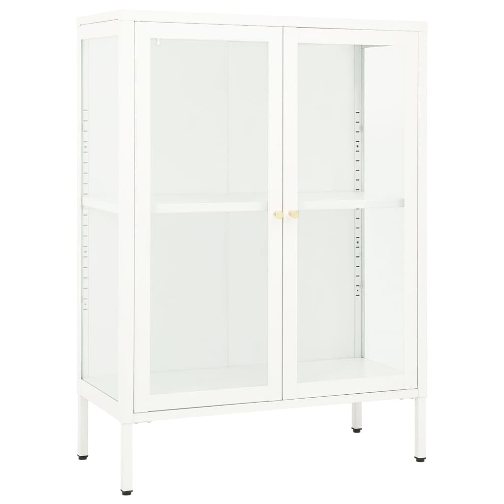 vidaXL Modern Sideboard in White - Steel and Glass Storage Cabinet with Adjustable Shelf and Compartmented Glass Door.