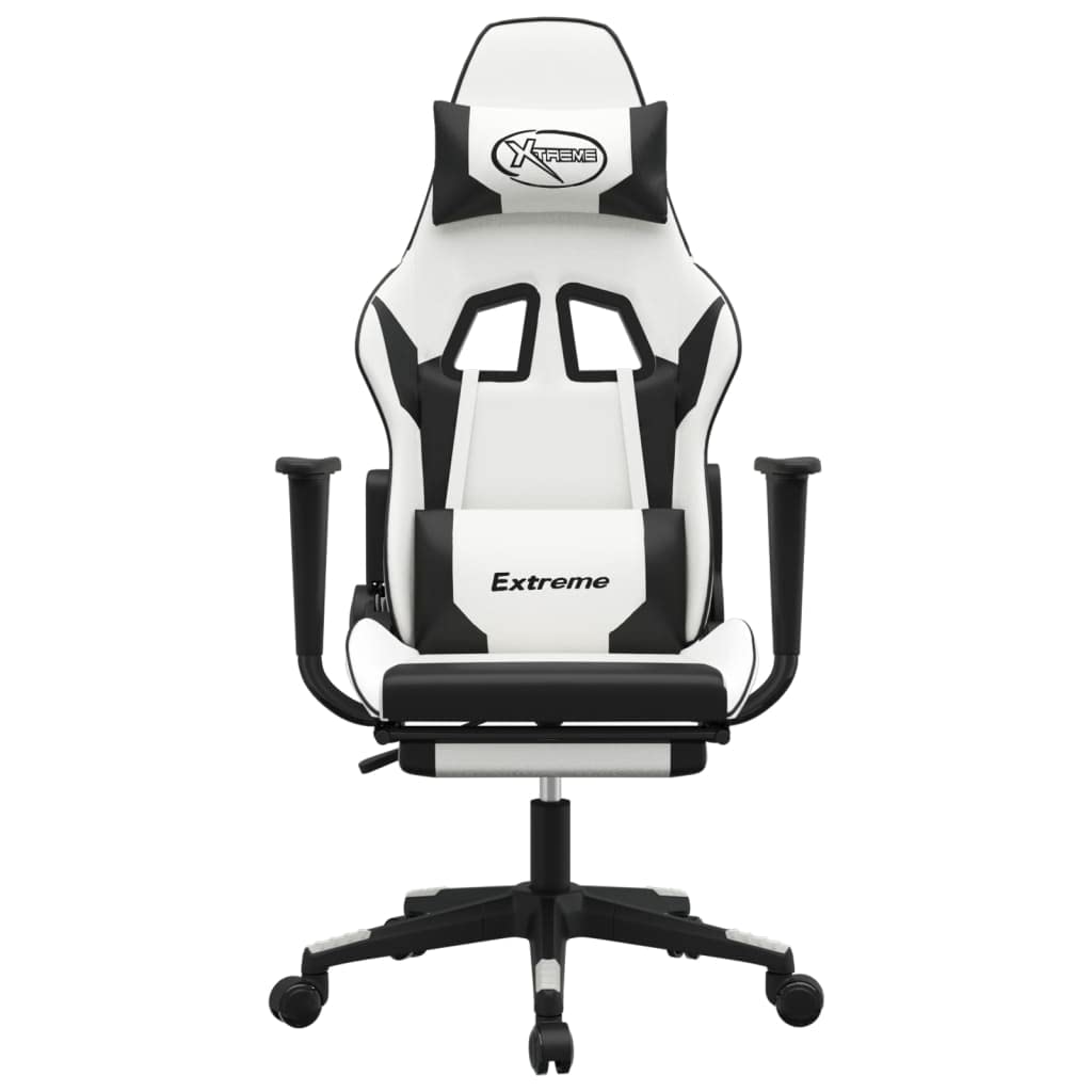 vidaXL Faux Leather Gaming Chair with Adjustable Backrest and Footrest, 360-degree Swivel Design, Easy to Assemble, White and Black