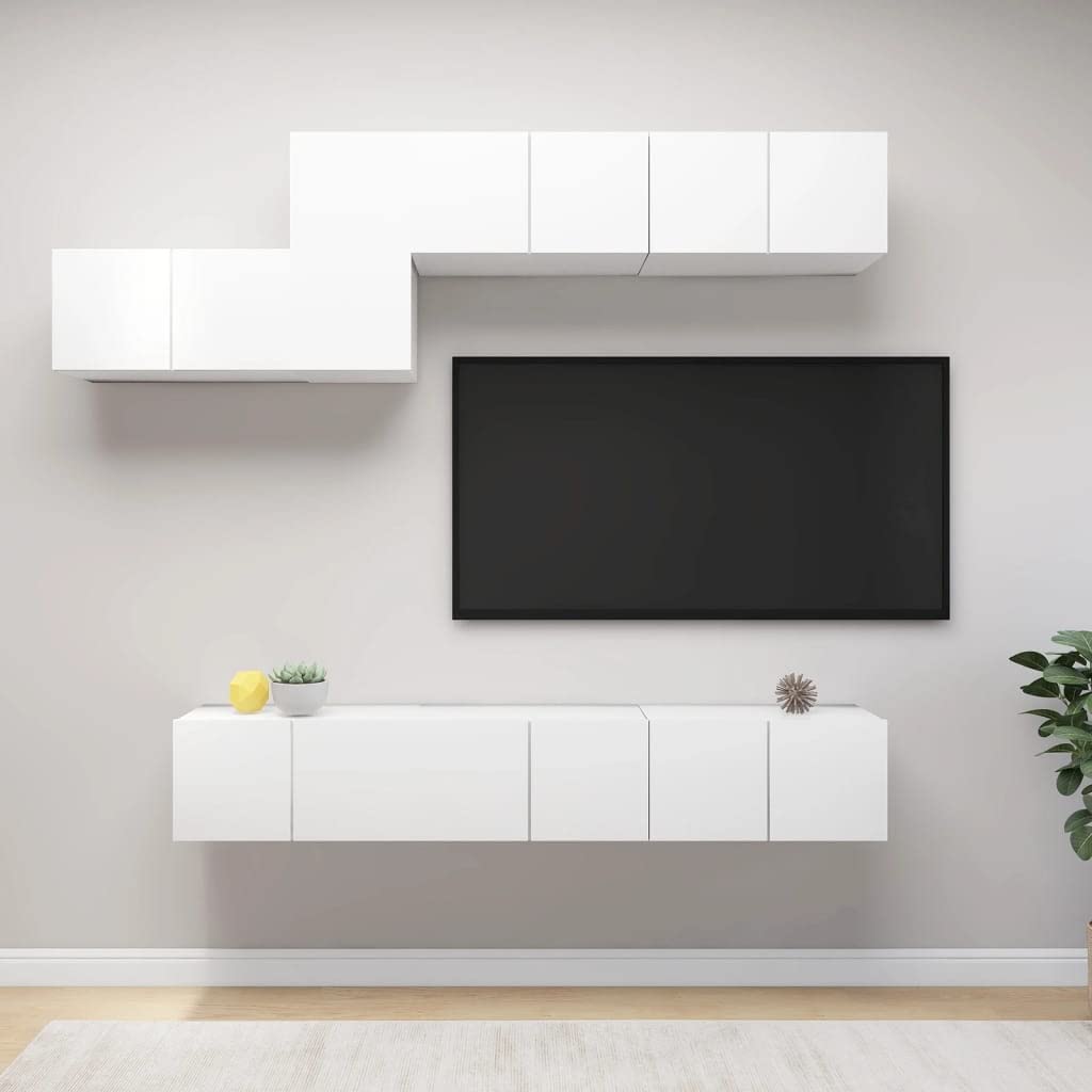 vidaXL TV Cabinet Set 7 Piece Home Living Room Furniture TV Stand HiFi Stereo Cabinet Media Unit Entertainment Center White Engineered Wood