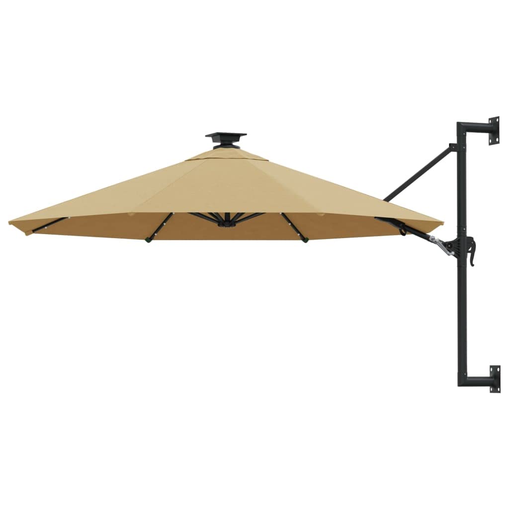 vidaXL Wall-mounted Parasol with LED Lights - Taupe - UV Protective Anti-fade Polyester Outdoor Umbrella - Crank System - Adjustable Angle - Durable Metal Pole