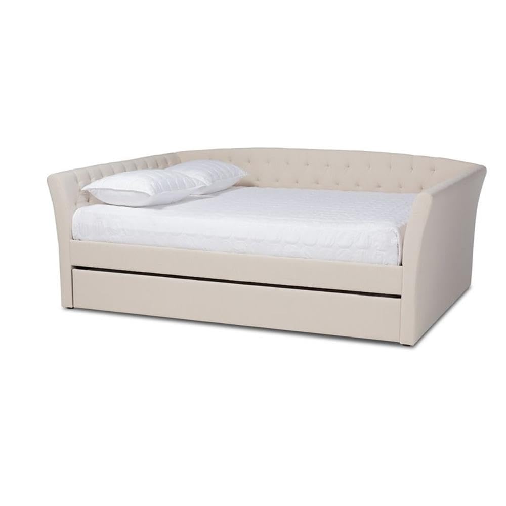 Baxton Studio Delora Modern and Contemporary Beige Fabric Upholstered Full Size Daybed with Roll-Out Trundle Bed